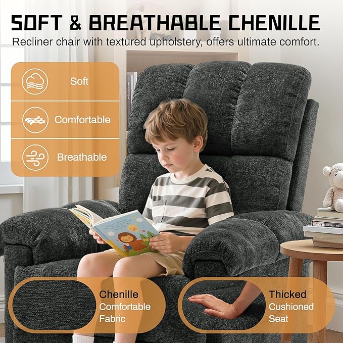 Recliner Chair, Swivel Rocker Recliner Chair for Adults, Small Recliners for Small Spaces, Upholstered Manual Recliner with Side Pockets, Nursery Rocking Chair for Living Room, Chenille, Black