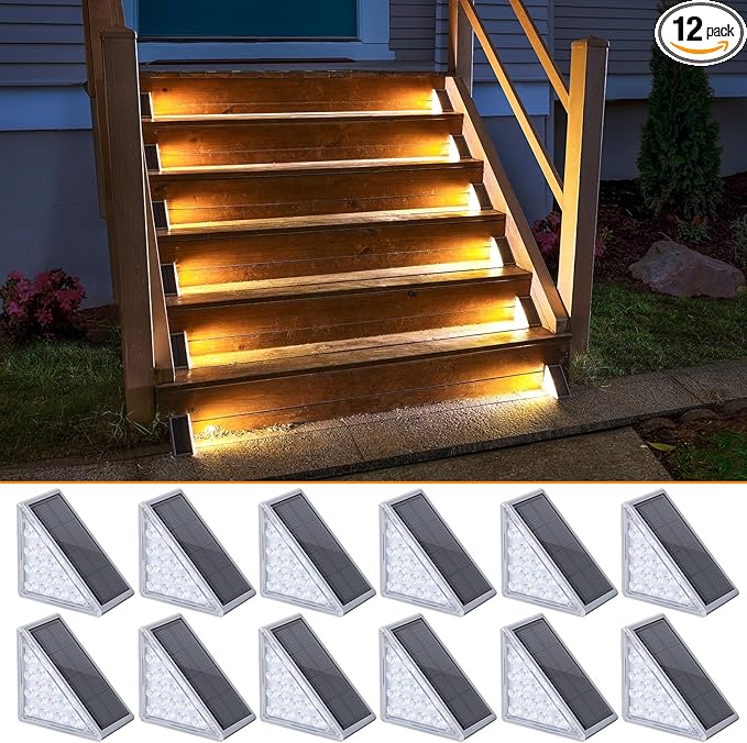 NIORSUN Solar Step Lights 12 Pack - Outdoor Stair Lights with 3000K Warm White & 6000K Cool Daylight, IP67 Waterproof, Auto On/Off, Super Bright for Deck, Patio, Steps
