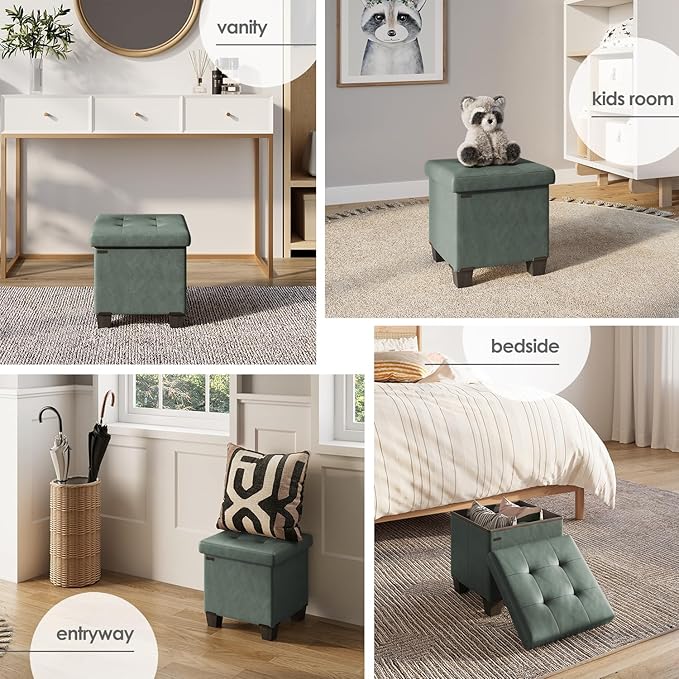 Storage Ottoman Cube with Small Bin, 15-in Square Ottoman with Storage for Living Room and Bedroom, Small Ottomans Foot Rest, Leather Foot Stools Ottomans Max 330lbs, Green