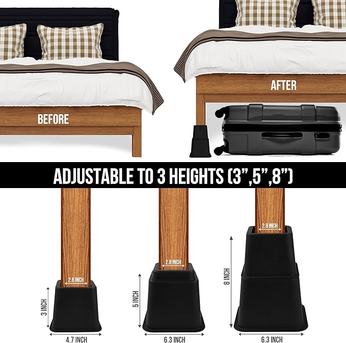 Utopia Bedding Bed Riser, 3 & 5 Inches Adjustable Furniture Risers for 8 Inch Combined Furniture Lift, Under Bed Storage & Dorm Room Essential, Supports Up to 1,300 lbs (36 Set, Black)
