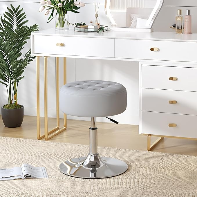 Furniliving Mid-Century Velvet Tufted Adjustable Swivel Makeup Ottoman Stool; Modern Big Size Round Vanity Stool Chair for Bedroom Living Room (LightGrey)