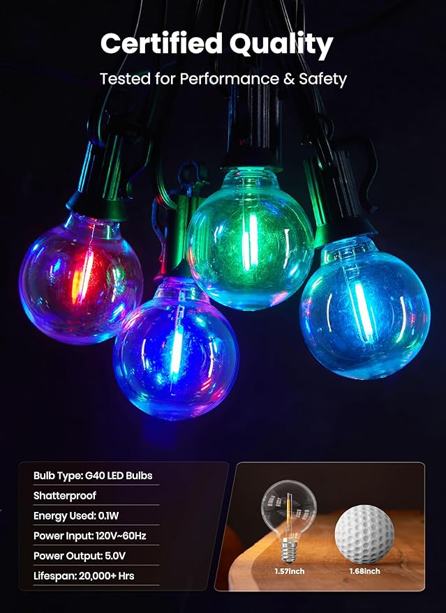 Brightown Outdoor String Lights 58 Feet G40 LED Patio Lights, 27 Plastic Multicolor Bulbs(2 Spare), Remote, Timer, Waterproof Connectable Hanging Light for Porch Balcony Party Decor, E12 Base, RGBW
