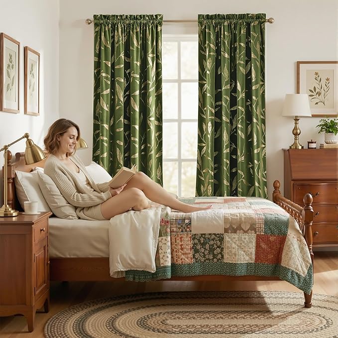 NICETOWN Leaf Patterned Green Velvet Curtains 96 inches Long 2 Panels Gold Foil Printed - Room Darkening Drapes for Living Room, Thermal Insulated Soft Luxury Home Decor for Bedroom, W50 x L96