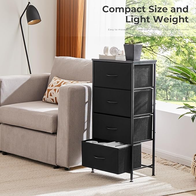 Dresser for Bedroom with 4 Drawers, Anti-Tip Tall Fabric Chests Storage Organizer Tower Furniture with Wooden Top Metal Frame for Clothes, Closet, Living Room, Hallway, Entryway