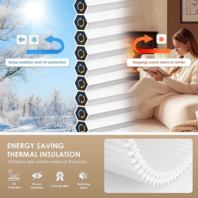 LazBlinds No Tools No Drill Cordless Cellular Shades, Light Filtering Honeycomb Shades for Home, Thermal Insulation Blinds for Windows, 29" W x 48" H, White