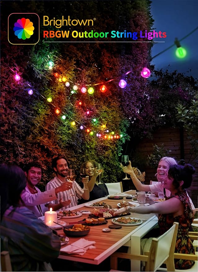 Brightown Outdoor String Lights 58 Feet G40 LED Patio Lights, 27 Plastic Multicolor Bulbs(2 Spare), Remote, Timer, Waterproof Connectable Hanging Light for Porch Balcony Party Decor, E12 Base, RGBW