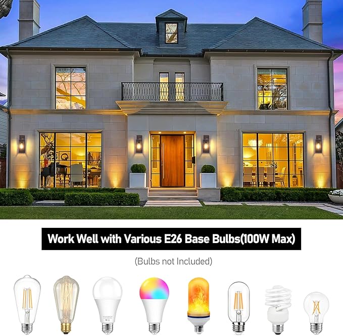 BesLowe 2-Pack Outdoor Wall Light Fixtures, Exterior Waterproof Wall Lanterns, Porch Sconces Wall Mounted Lighting with E26 Sockets & Glass Shades, Modern Wall Lamps for Patio Front Door, Brown