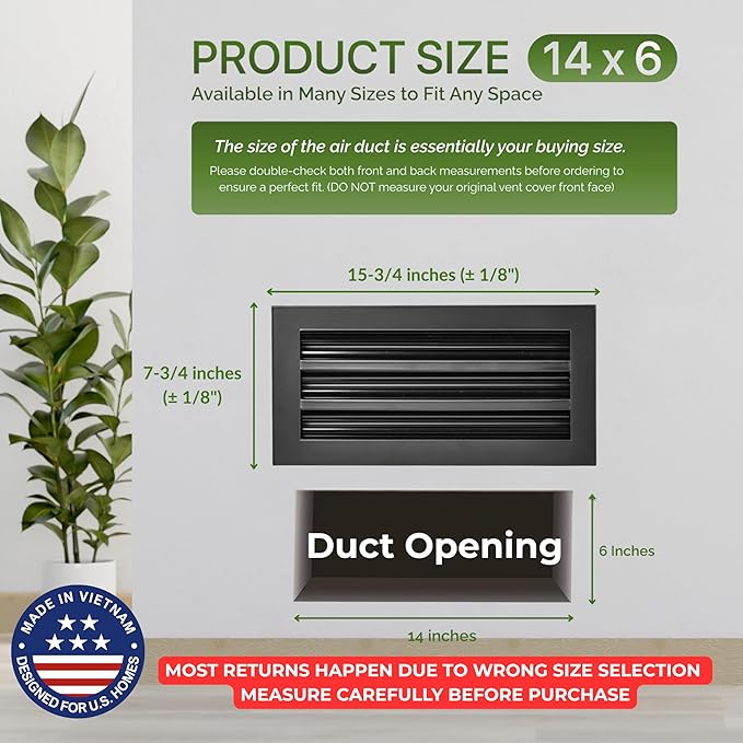Modern Air Vent Cover 14x6 (Duct Opening) - Decorative Black Aluminum Linear Slot Diffuser for Wall, Ceiling, Floor Register - Quiet Operation HVAC Grille for Home with Adjustable Airflow