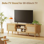 SUPERJARE Boho TV Stand for 65 Inch TV, Entertainment Center with Adjustable Shelf, Rattan TV Console with 2 Cabinets, Media Console, Solid Wood Feet, 4 Cord Holes, for Living Room - Natural