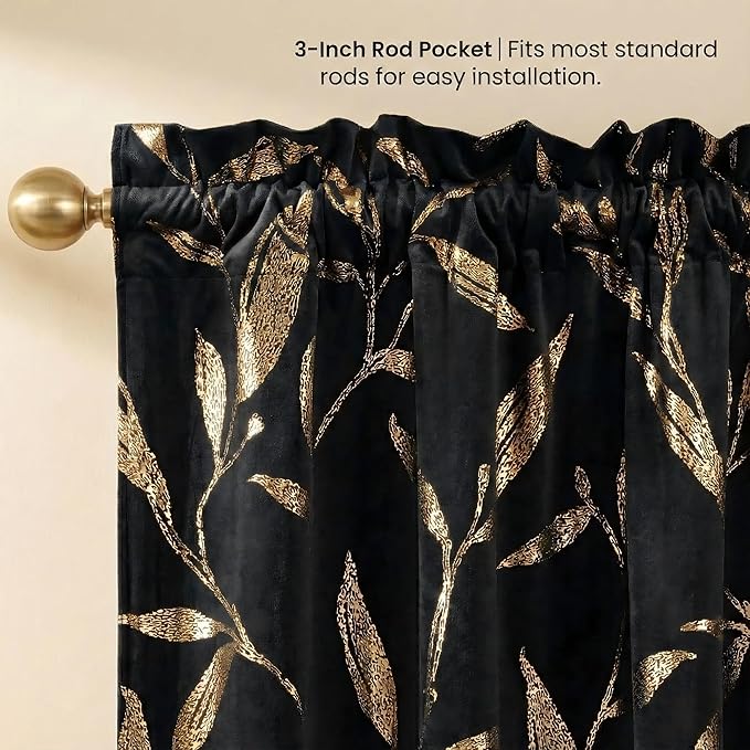 NICETOWN Black Velvet Curtains 2 Panels with Gold Foil Leaf Print – Modern Glam Black and Gold Drapes for Living Room, Luxury Room Darkening Window Treatments for Bedroom & Gothic Decor (50W x 84L)