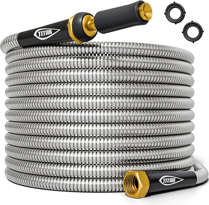TITAN Garden Hose 65FT - 304 Stainless Steel Metal Water Hose, Flexible, Kink-Free, Lightweight, Durable, Crush Resistant Fittings, Easy to Coil, 500 PSI