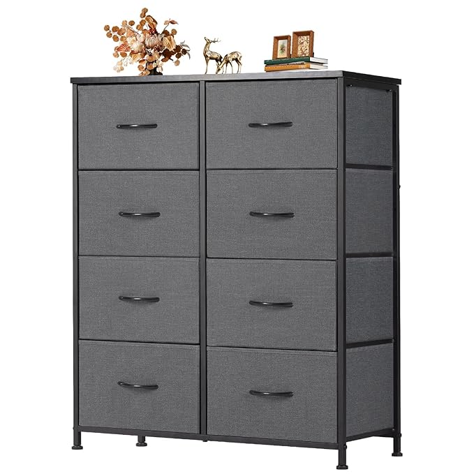 Dresser for Bedroom with 8 Drawers, Anti-Tip Tall Fabric Chests Storage Organizer Tower Furniture with Wooden Top Metal Frame for Clothes, Closet, Living Room, Hallway, Entryway