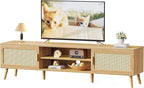 SUPERJARE 70.9 Inch Boho TV Stand for 75 Inch TV, Entertainment Center with Adjustable Shelf, Rattan TV Console with 2 Cabinets, Media Console, Solid Wood Feet, 4 Cord Holes, for Living Room, Natural
