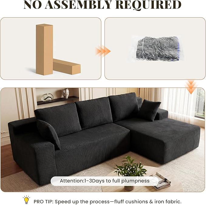 Cloud Sectional Boneless Couches for Living Room, Modular L Shaped Couch with Deep Seat Oversized Right Facing Chaise, Memory Foam Compressed Spineless 3 Seater Sofa for Apartment, Black | No Assembly Required, Deep Seat, Cat-Claw Resistant, High-Resil...
