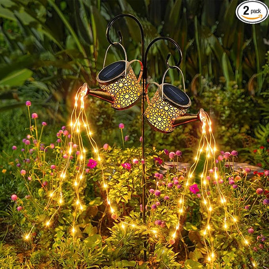 Solar Lights Outdoor Decorative, 2 Pack Metal Watering Can Lights Waterproof, Small Hanging Garden Decor Yard Outside Patio Lawn, Gifts for Mom Grandma Women Birthday(Warm White)