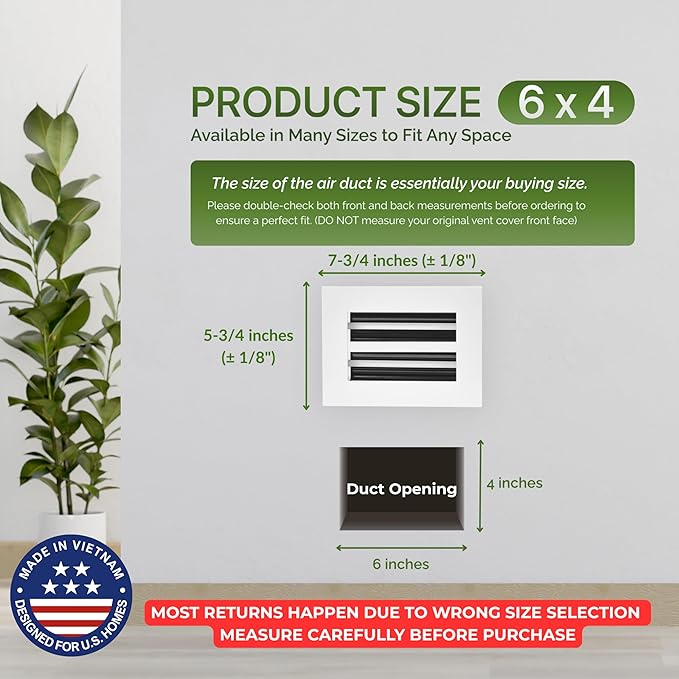 Modern Air Vent Cover 6x4 (Duct Opening) - Decorative White Aluminum Linear Slot Diffuser for Wall, Ceiling, Floor Register - Quiet Operation HVAC Grille for Home with Adjustable Airflow