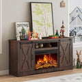 AMERLIFE Fireplace TV Stand with Sliding Barn Door for TVs up to 73", Farmhouse 63" Fireplace Entertainment Center with Storage Cabinets/Adjustable Shelves, Reclaimed Barnwood