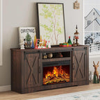 AMERLIFE Fireplace TV Stand with Sliding Barn Door for TVs up to 73", Farmhouse 63" Fireplace Entertainment Center with Storage Cabinets/Adjustable Shelves, Reclaimed Barnwood