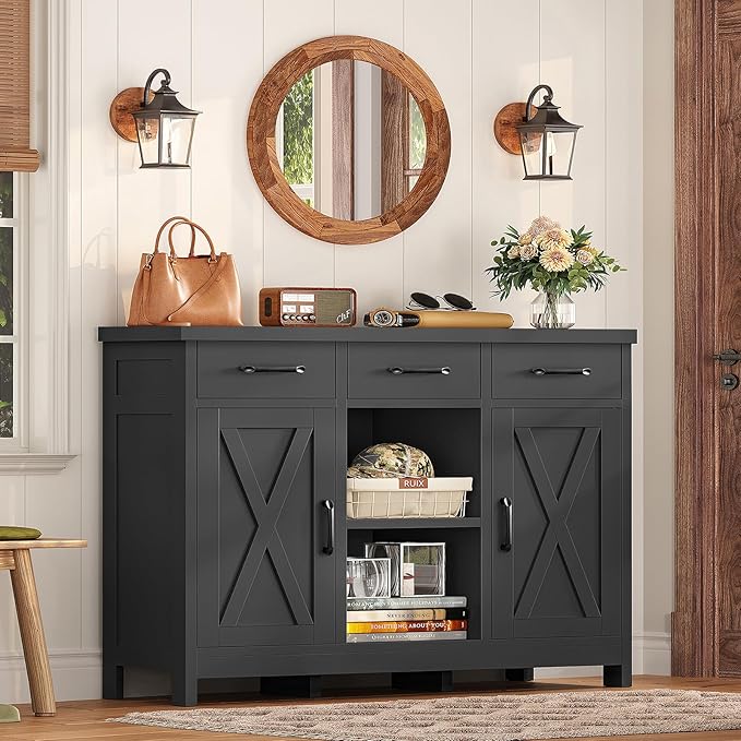 TEENFON Storage Cabinet, Coffee Bar Cabinet with 3 Drawers, 2 Adjustable Shelves & 2 Doors, Buffet Cabinet, Kitchen Cabinet for Kitchen, Dining Room, Living Room, Black