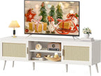 SUPERJARE TV Stand for 65 Inch TV, Entertainment Center with Adjustable Shelf, Rattan TV Console with 2 Cabinets, Media Console, Solid Wood Feet, 4 Cord Holes, for Living Room, White