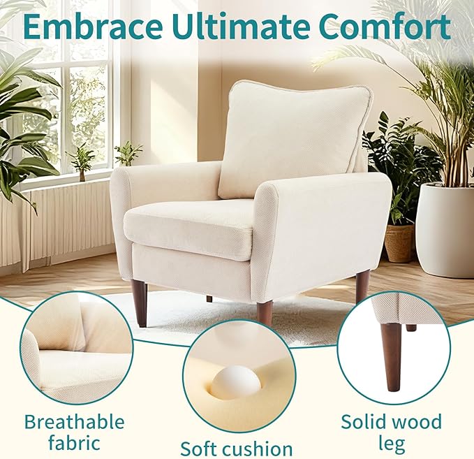 OLIXIS Comfy Accent Chair for Living Room Bedroom and Waiting Room, Upholstered Mid-Century Reading Chair with Pillow and Solid Wood Legs, Wide Singe Modern Lounge Sofa (Beige)