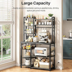 SNTD Baker Rack with Power Outlet - Microwave Stand with Storage, Large Coffee Bar Station with 14 Hooks, Metal Kitchen Shelf Rack for Spices, Pots (Rustic Grey)