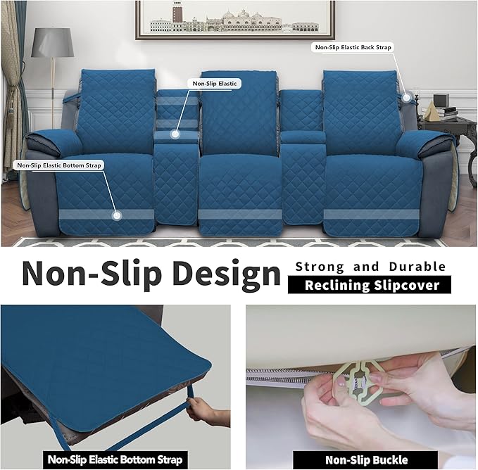 Easy-Going Recliner Sofa Cover with Console, Reversible Couch Cover for Living Room, Split Sofa Cover for Each Seat with Elastic Straps for Kids, Dogs, Pets (3 Seater, Peacock Blue/Beige)