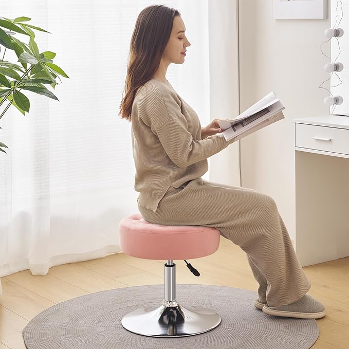 Furniliving Mid-Century Velvet Tufted Makeup Ottoman Stool, 360° Swivel Adjustable Vanity Stool Modern Big Size Vanity Chair Stools for Living Room Bedroom Bathroom, Pink