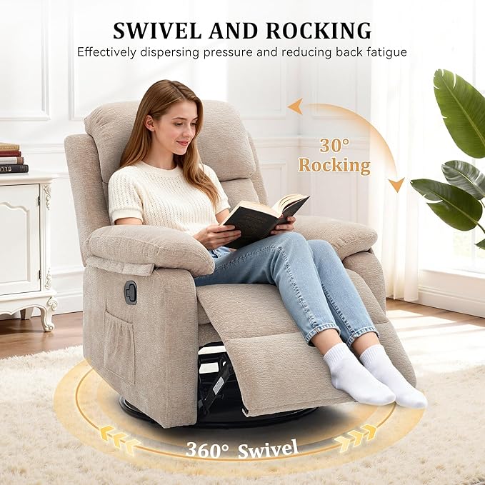 Recliner Chair, 360 Swivel Rocker Chair for Adults, Small Rocking Recliner Chair for Small Spaces, Upholstered Chenille Fabric Glider Recliner Nursery Chair with Side Pockets for Living Room