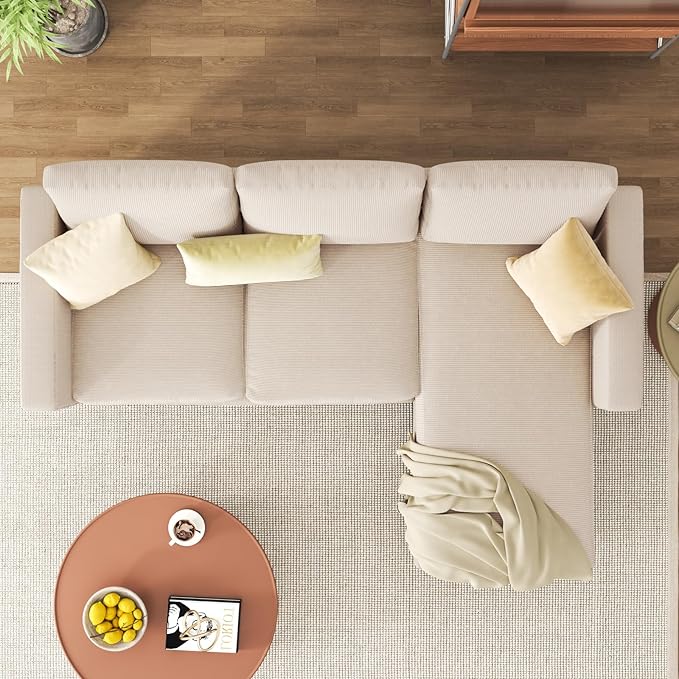 JAMFLY 3-Seat Convertible L-Shaped Sectional Sofa with Reversible Ottoman, Upholstered Fabric Couch for Small Living Rooms, Modern Modular Couch for Apartment, Studio & Loft, Beige