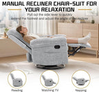 Recliner Chair, Swivel Rocker Recliner Chair for Adults, Small Recliners for Small Spaces, Manual Recliner Chair with Side Pockets, Nursery Rocking Chair for Living Room, Chenille, Silver Grey