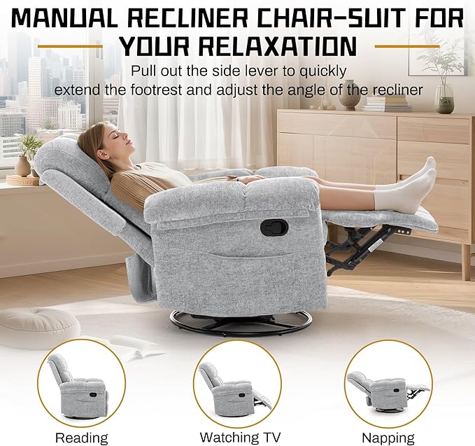 Recliner Chair, Swivel Rocker Recliner Chair for Adults, Small Recliners for Small Spaces, Manual Recliner Chair with Side Pockets, Nursery Rocking Chair for Living Room, Chenille, Silver Grey