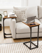 C-Shaped Side Table for Couch - Small Coffee Stand Sofa Tray Desk with Metal Frame and Waterproof Scratch Resistant, Modern End Accent for Living Room, Bedroom, Set of 2, Rustic Brown