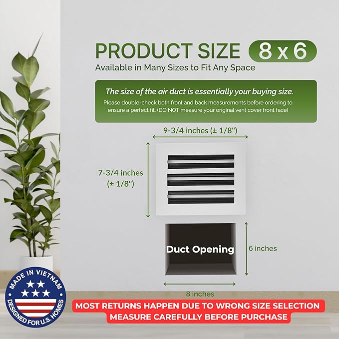 Modern Air Vent Cover 8x6 (Duct Opening) - Decorative White Aluminum Linear Slot Diffuser for Wall, Ceiling, Floor Register - Quiet Operation HVAC Grille for Home with Adjustable Airflow