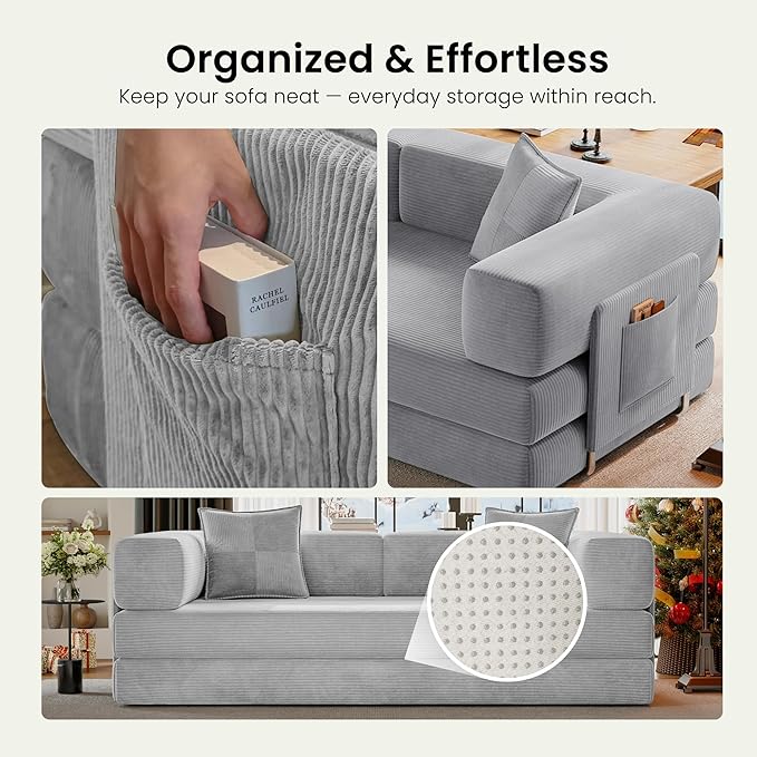 78.8" Convertible Futon Sofa Bed,Corduroy Futon Couch with Storage Pocket,Folding Pull Out Sofa,No Assembly Boneless Couch for Living Room,Grey