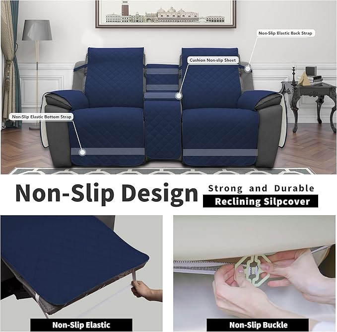 Easy-Going Loveseat Recliner Cover with Console, Reversible Couch Cover for Living Room, Split Sofa Cover for Each Seat with Elastic Straps for Kids, Dogs, Pets(2 Seater, Navy/Ivory)