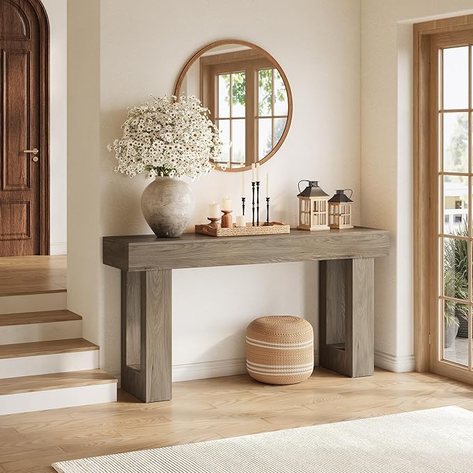 LITTLE TREE 63-Inch Long Console Tables for Entryway, Large Sofa Table Behind Couch, Grey Wooden Entry Foyer Hallway Table, Industrial Console Sofa Tables for Living Room