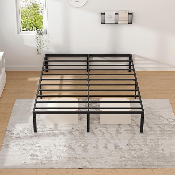 Metal Bed Frame,Queen Size Bed Frame with Storage Space,Heavy Duty Sturdy Mattress Foundation,Easy Assembly,No Box Spring Needed, Black,18 Inch,Queen