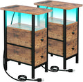 Narrow Nightstand with Charging Station, End Tables Living Room Set of 2, Skinny Side Table with Fabric Drawers, Small Sofa Table with LED Light for Bedroom, Rustic Brown, HETNDP02LPBR