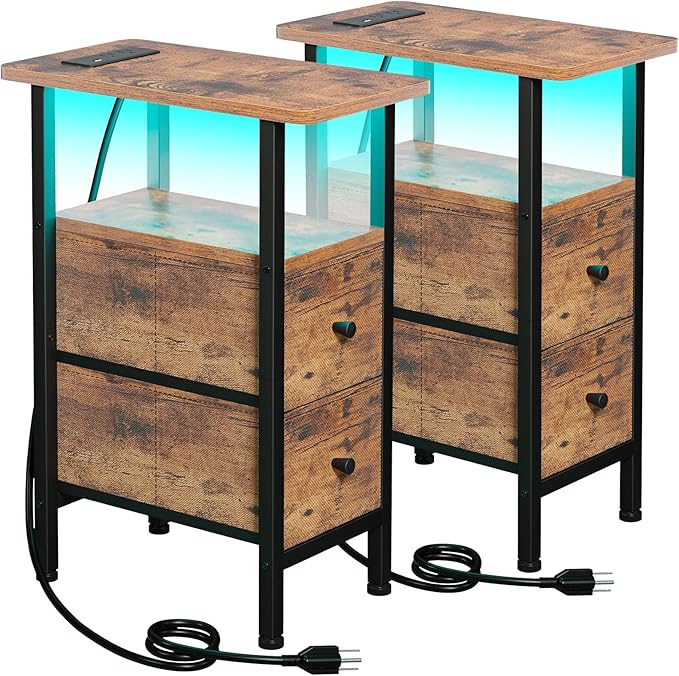 Narrow Nightstand with Charging Station, End Tables Living Room Set of 2, Skinny Side Table with Fabric Drawers, Small Sofa Table with LED Light for Bedroom, Rustic Brown, HETNDP02LPBR
