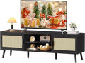 SUPERJARE TV Stand for 65 Inch TV, Entertainment Center with Adjustable Shelf, Rattan TV Console with 2 Cabinets, Media Console, Solid Wood Feet, 4 Cord Holes, for Living Room, Black