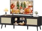 SUPERJARE TV Stand for 65 Inch TV, Entertainment Center with Adjustable Shelf, Rattan TV Console with 2 Cabinets, Media Console, Solid Wood Feet, 4 Cord Holes, for Living Room, Black