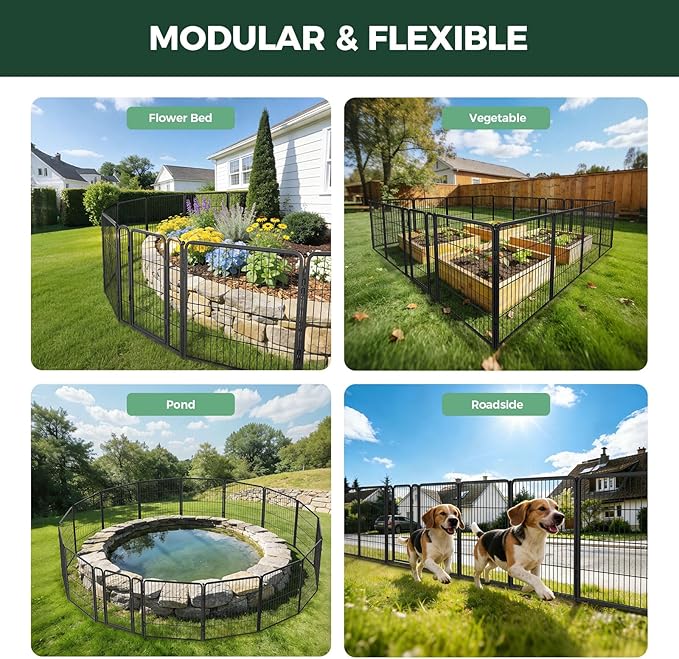 FXW Garden Fence Outdoor for The Yard – 32in(H) x 72.9ft(L) Heavy Duty Metal Animal Barrier for Dog and Rabbit, Decorative Dog Fence, 32 Panels, Black