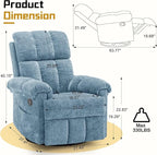 Recliner Chair, Swivel Rocker Recliner Chair for Adults, Small Recliners for Small Spaces, Manual Recliner Chair with Side Pockets, Nursery Rocking Chair for Living Room, Chenille, Airy Blue
