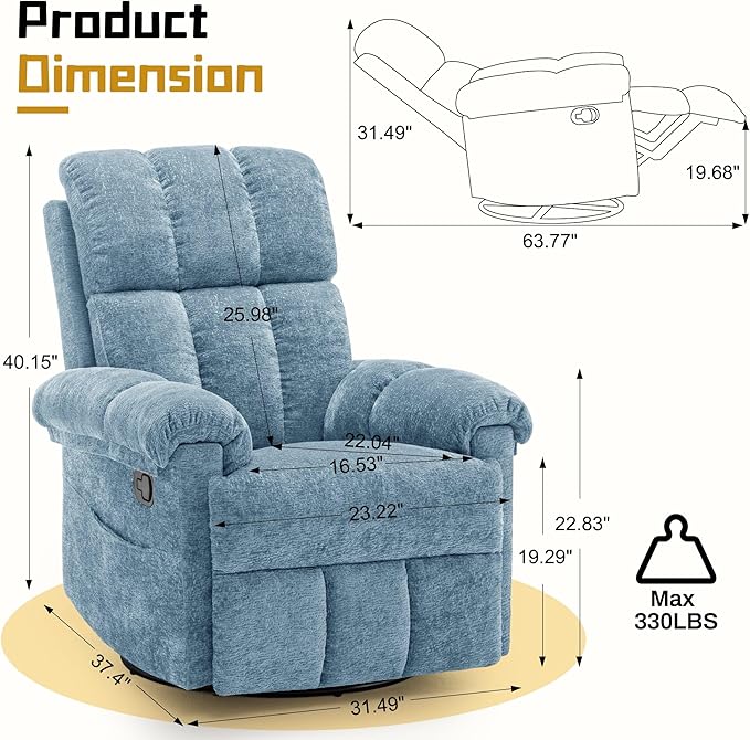 Recliner Chair, Swivel Rocker Recliner Chair for Adults, Small Recliners for Small Spaces, Manual Recliner Chair with Side Pockets, Nursery Rocking Chair for Living Room, Chenille, Airy Blue