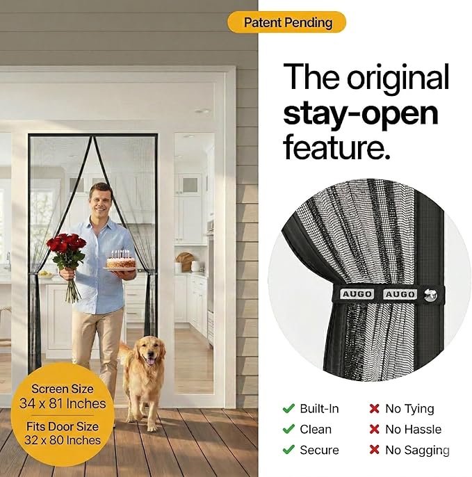 AUGO Magnetic Screen Door - Self Sealing, Heavy Duty, Hands Free Mesh Partition Keeps Bugs Out - Pet and Kid Friendly - Patent Pending Keep Open Feature - 34 Inch x 81 Inch