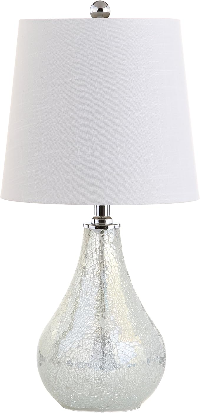 JONATHAN Y 20.5" Mosaic White Coastal Mini LED Table Lamp for Living Room Office, White Linen Drum Shade, Modern Mother of Pearl Bedside Nightstand Lamp, LED Bulb Included (JYL1024B)