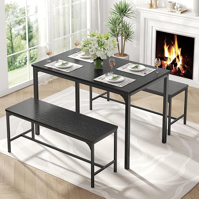 DUMOS Dining Table, Dining Table Set for 4 with Bench, Easy to Assemble Kitchen Table, Space-Saving Ideal 4-Person Set for Dining Room Kitchen Apartment Corner Black 3 Pack