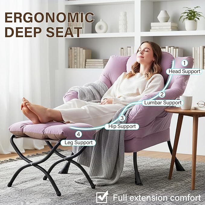 Welnow Lazy Chair with Ottoman, Modern Accent Chair with Armrests and a Side Pocket, Leisure Upholstered Sofa Armchair Set, Reading Armchair with Footrest for Small Space, Light Purple
