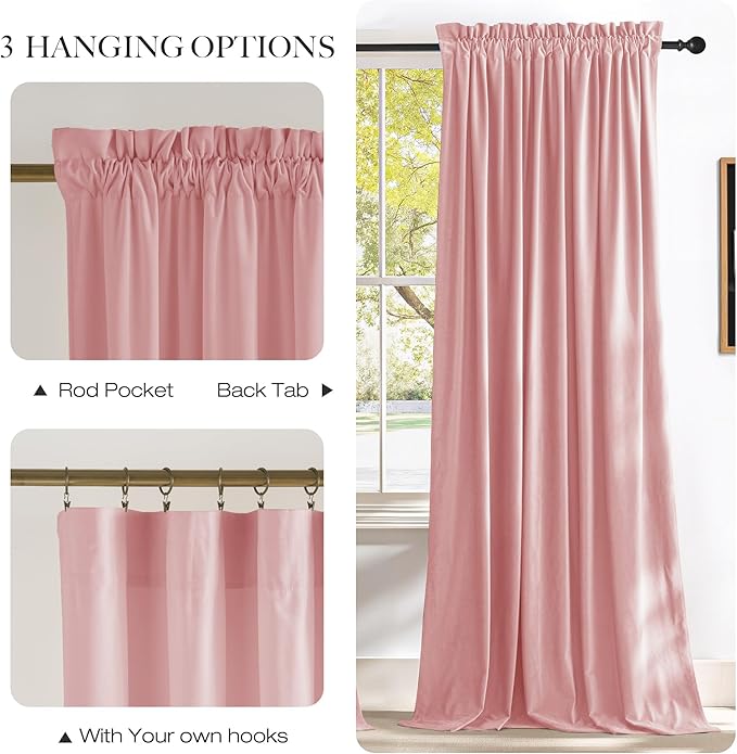 NICETOWN Pink Velvet Curtains 84 inch Long 2 Panels for Girls, Blush Pink Noise Reduction Rod Pocket Design Soft Luxury Window Treatments for Nursery, W52 x L84